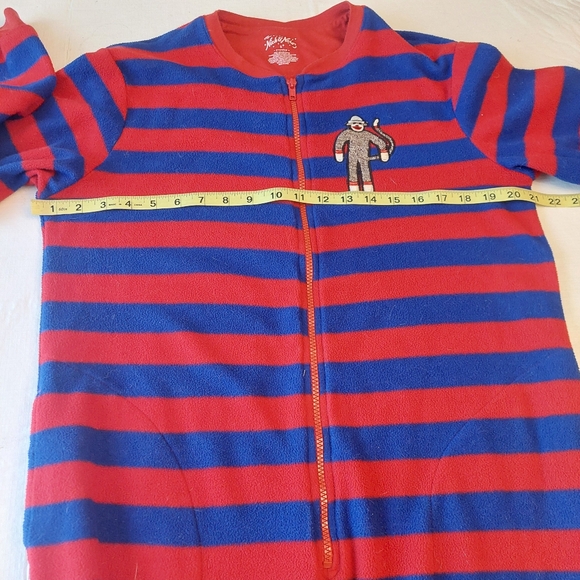 Nick And Nora Red Blue Striped Sock Monkey Footie One Piece Pajamas Unisex Sz S - Picture 3 of 13